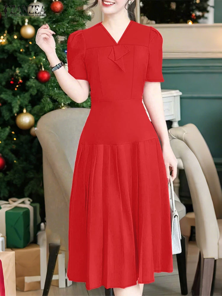ZANZEA Elegante Frauen V-ausschnitt Kurzarm Plissee Kleider 2025, Sommer Kleid Stilvolle Party Arbeit Sommerkleid Casual EINE Linie Vestidos