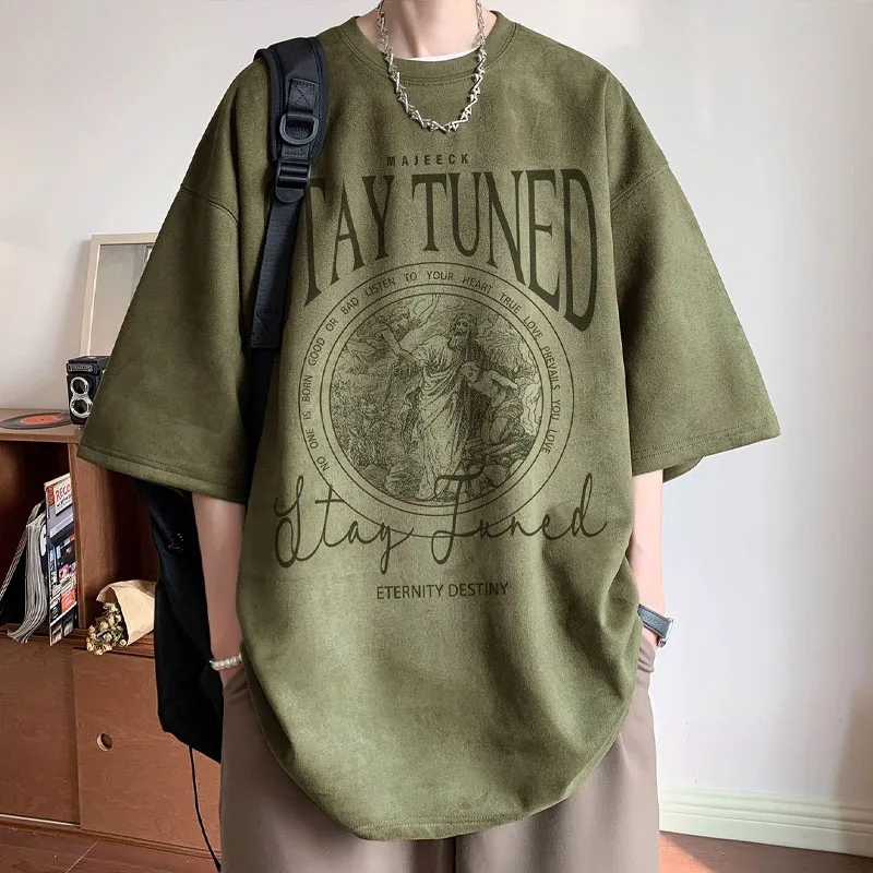 Army Green Suede Velvet Short Sleeved T-shirt Boys Summer American Style Vintage Chaopai Pi Shuai Heavyweight Loose Casual Tops