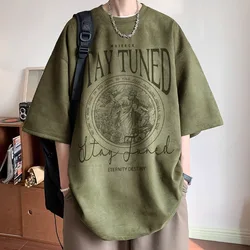 Army Green Suede Velvet Short Sleeved T-shirt Boys Summer American Style Vintage Chaopai Pi Shuai Heavyweight Loose Casual Tops