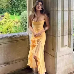 Women Sexy Mesh Irregular Layer Ruffles Sling Maxi Dress Chic Skinny Square Neck Backless Slit Robe 2026 New Lady High Streetwar