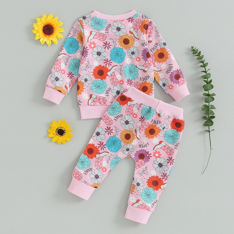 2023-08-24 Lioraitiin 0-3Y Toddler Boys Girls Western Clothes Sets 2pcs Flower/Cow Head Print Sweatshirt Elastic Waist Pants