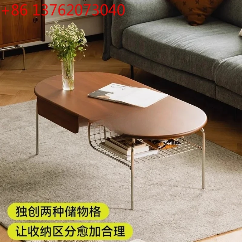 

Coffee table small apartment living room solid wood minimalist, stainless steel retro, long oval tea tableEsmt163