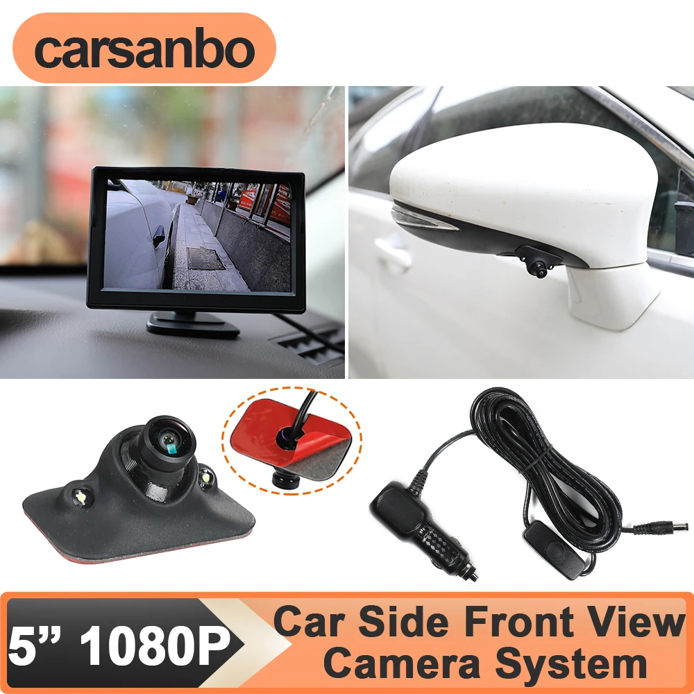 Carsanbo 5inch IPS Monitor Car Side View Camera System for Front Wheel Left or Right View DIY Install Adjustable Angle 1080P LED