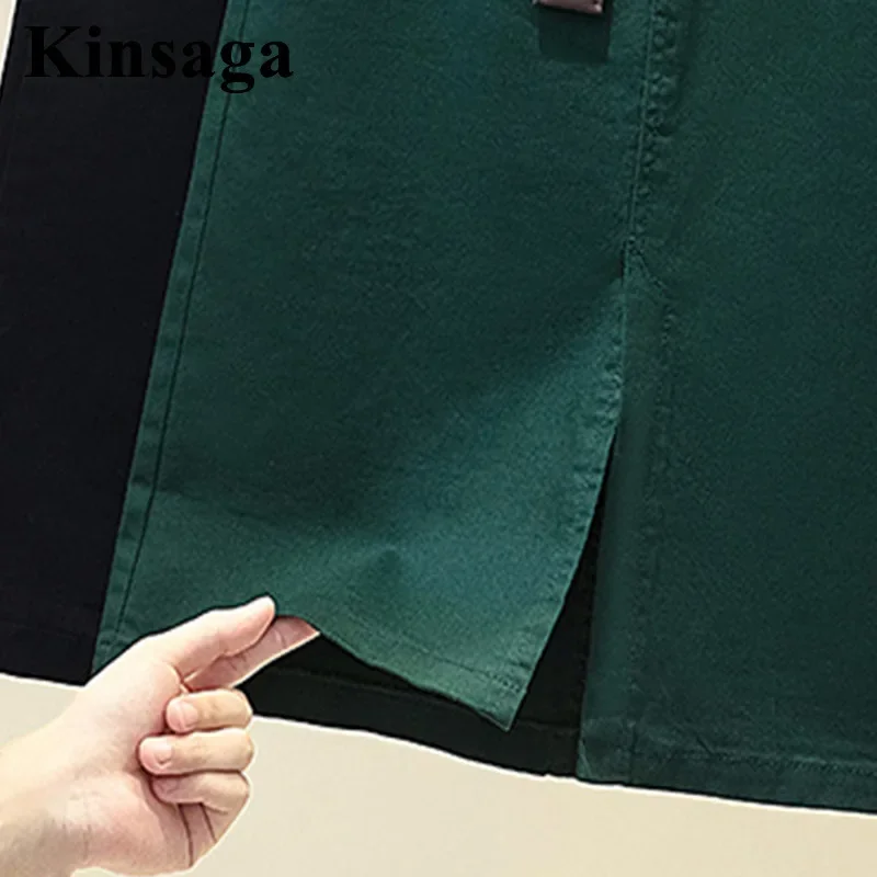 Woman Dark Green Straight Midi Skirts with Belt 4XL Spring Fall Elegant Korean Front Split Mid-length Sashes Belted Pencil Skirt