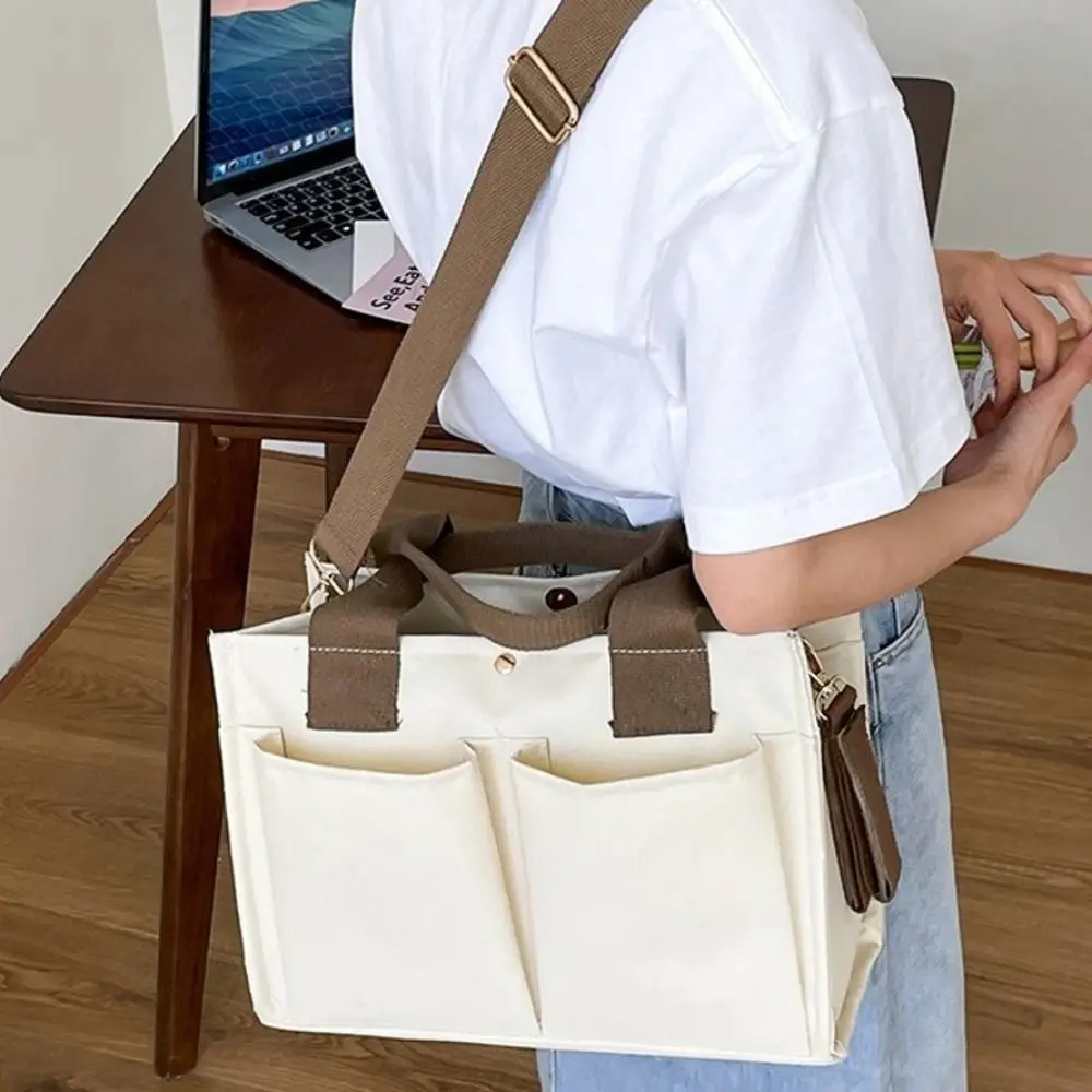 حقيبة كتف متينة ذات سعة كبيرة من القماش باللون الأبيض بجيوب متعددة وحقيبة كتف بسحاب للإغلاق للنساء والفتيات #2