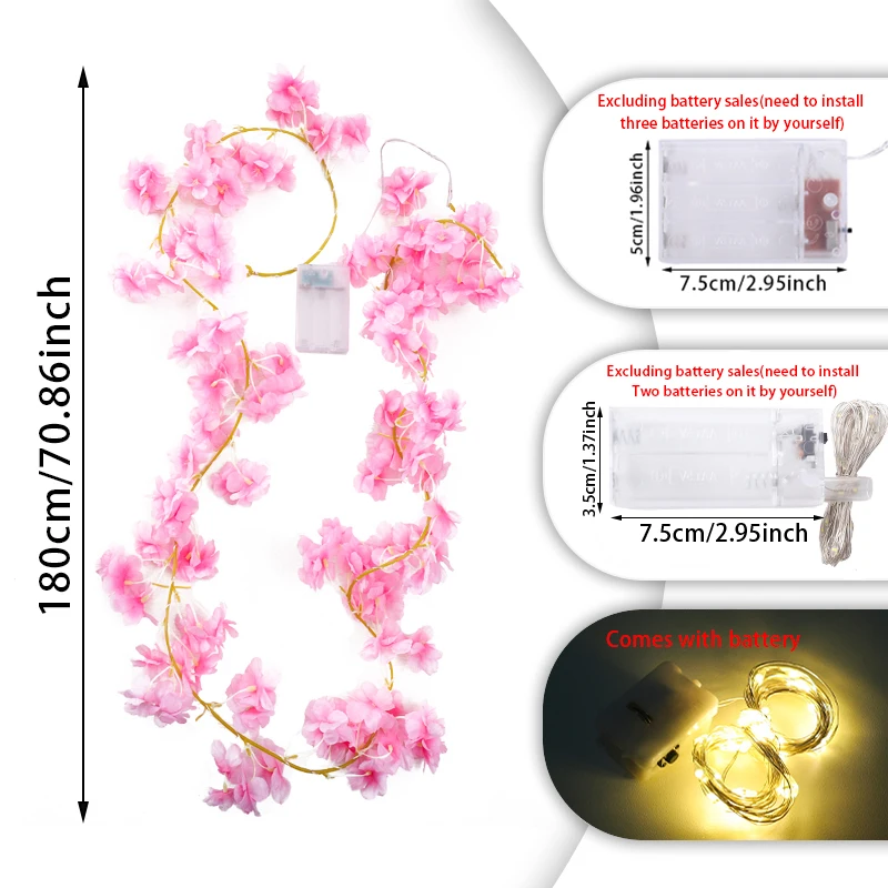 180CM Kirschblüten-Lichter-Girlande, künstliche Blume, rosa Rebe, Hochzeitsbogen, LED-Hintergrund, Dekor, Zuhause, Zimmer, Party, Girlande, Pastell – Detail 1