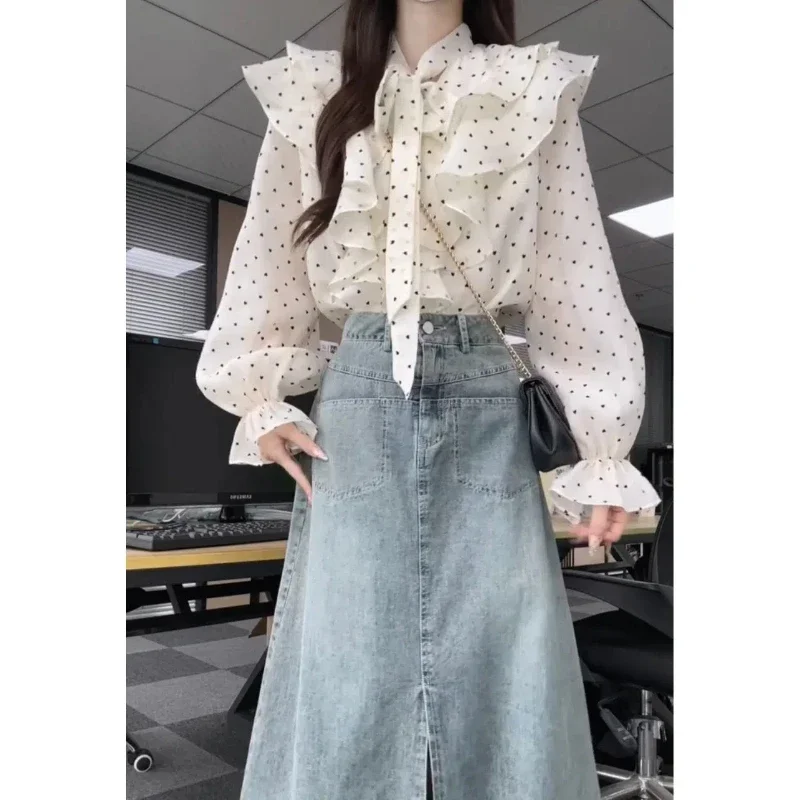 

Рубашка во французском стиле с рюшами в горошек, новая женская одежда, крутой стиль, высококачественный супер красивый топ