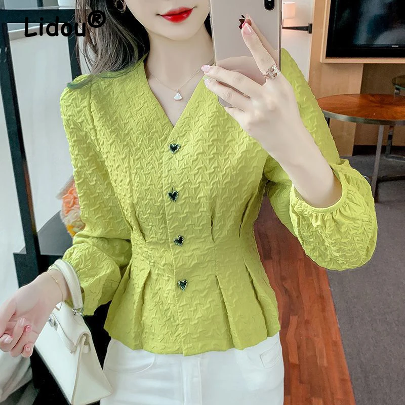 French Elegant Chic V-neck Ruffled Button Shirt for Women Spring Autumn Fashion Slim Long Sleeve Green Blouses Tops Blusas Mujer