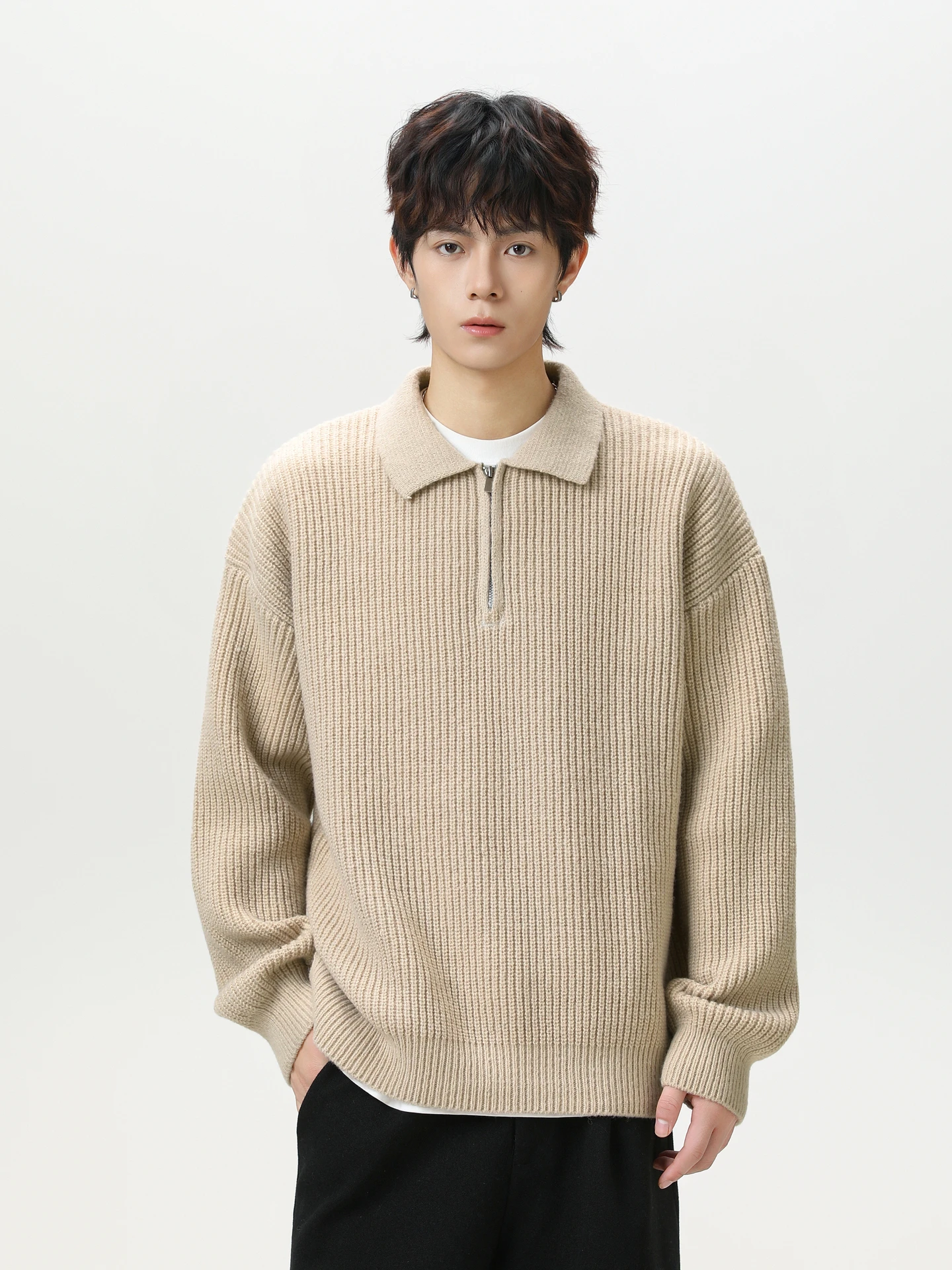 

Vintage high-end solid color half-zipper POLO neck sweater men's autumn loose couple knitted top