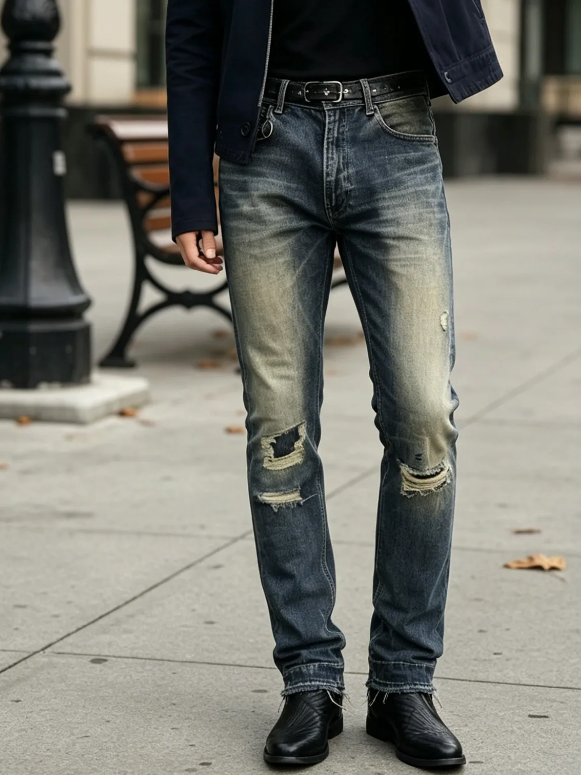 【HME】Men's Jeans | High Quality Men Denim Pants with Distressed Detail, Loose Straight Leg Denim Design, Natural Worn Wash Texture, Reinforced Knee Rip Patches, Frayed Ankle Cuffs, Neat Sewing Process, High Tolerance for Leg Shapes, Multi-Scene Matching