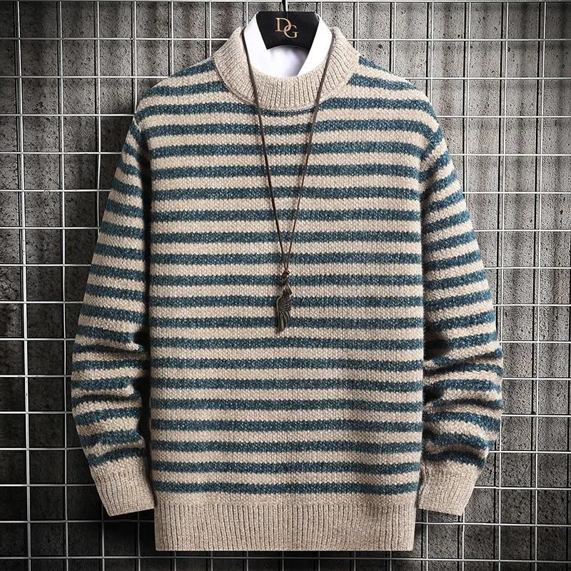 

Contrast Color Men's Loose Round Neck Sweaters Fashion Autumn Winter Casual Male Knitted Stripe Pullovers Korean Clothing F114