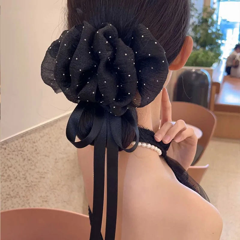 Rhinestone Starry Sky Bow Hair Clip Fairy Cloud Long Ribbon Barrettes Sparkling Crystal Ponytail Holder Women Hair Accessories
