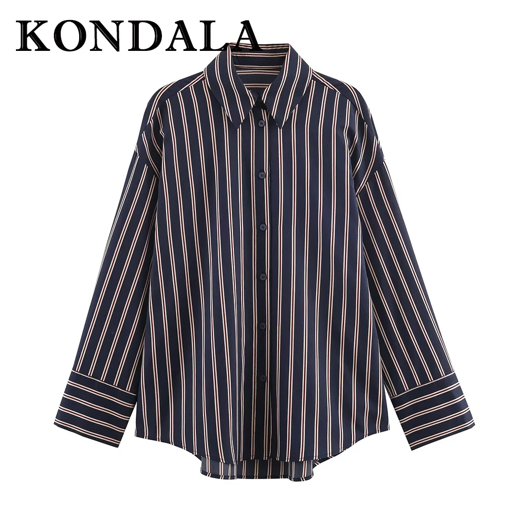 

KONDALA Vintage Striped Blue Women Casual Basic Straight Shirts Loose Teacher Shirt Fashion 2025 Autumn Basics Fall Female Shirt
