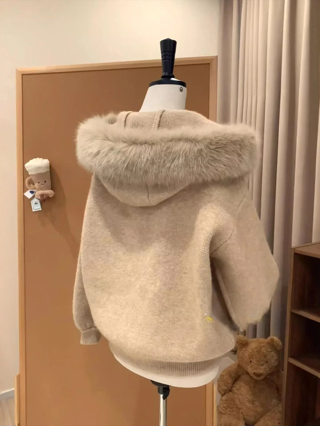 

American Sweet Sle Knitted Hat Coat Women's Autumn Winter Soft Loose Sweater Outerwear Large Fur Collar Long Sve Zipper