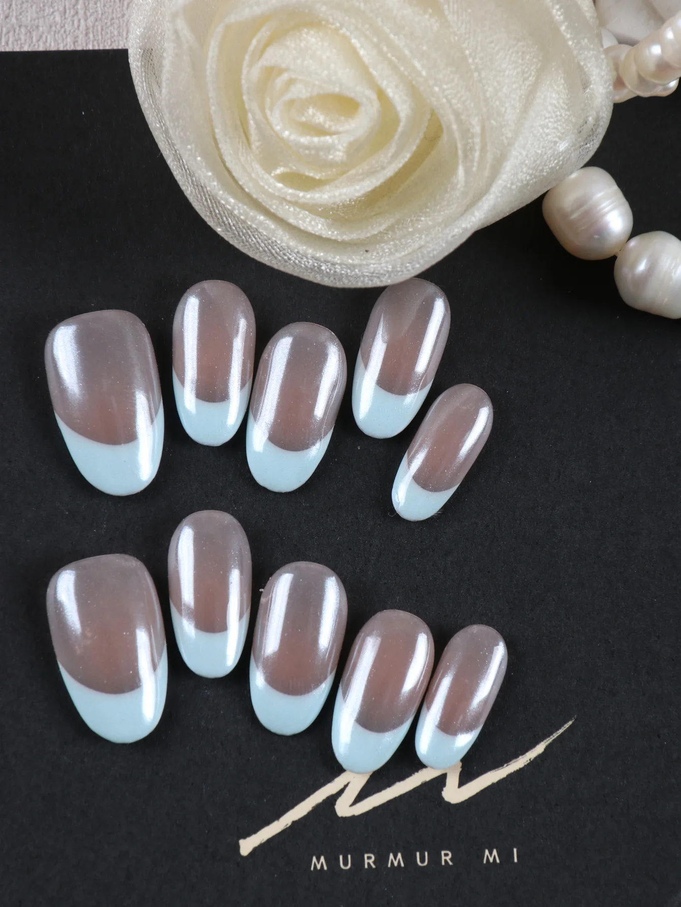 10 Stück Aufklebenägel Blauer Französischer Stil Spiegeloberfläche Künstliche Nägel Inklusive 1 Blatt Klebestreifen & 1 Stück Mini-Feile