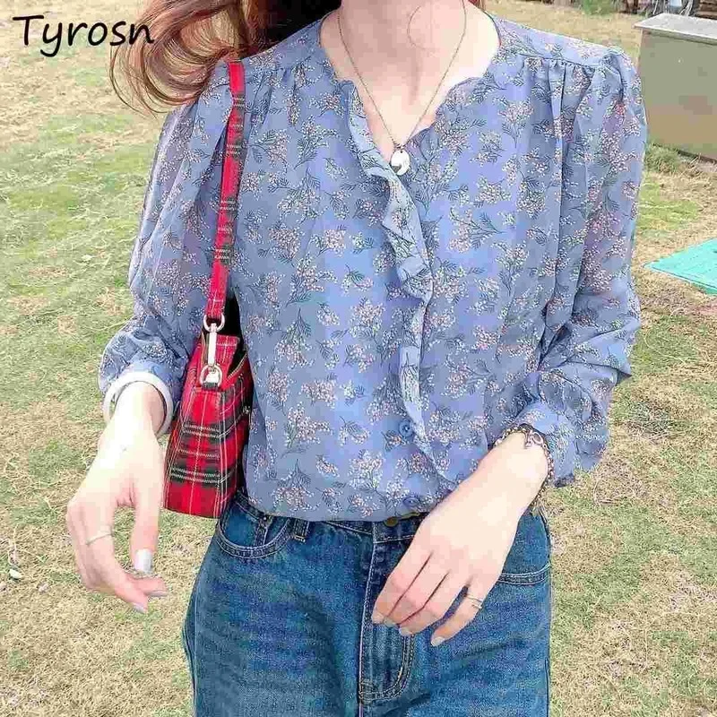 

Blouses Women Floral Elegant Temperament Retro Ruffles Single Breasted Tender Fashionable V-neck Chiffon All-match Sweet M-4XL