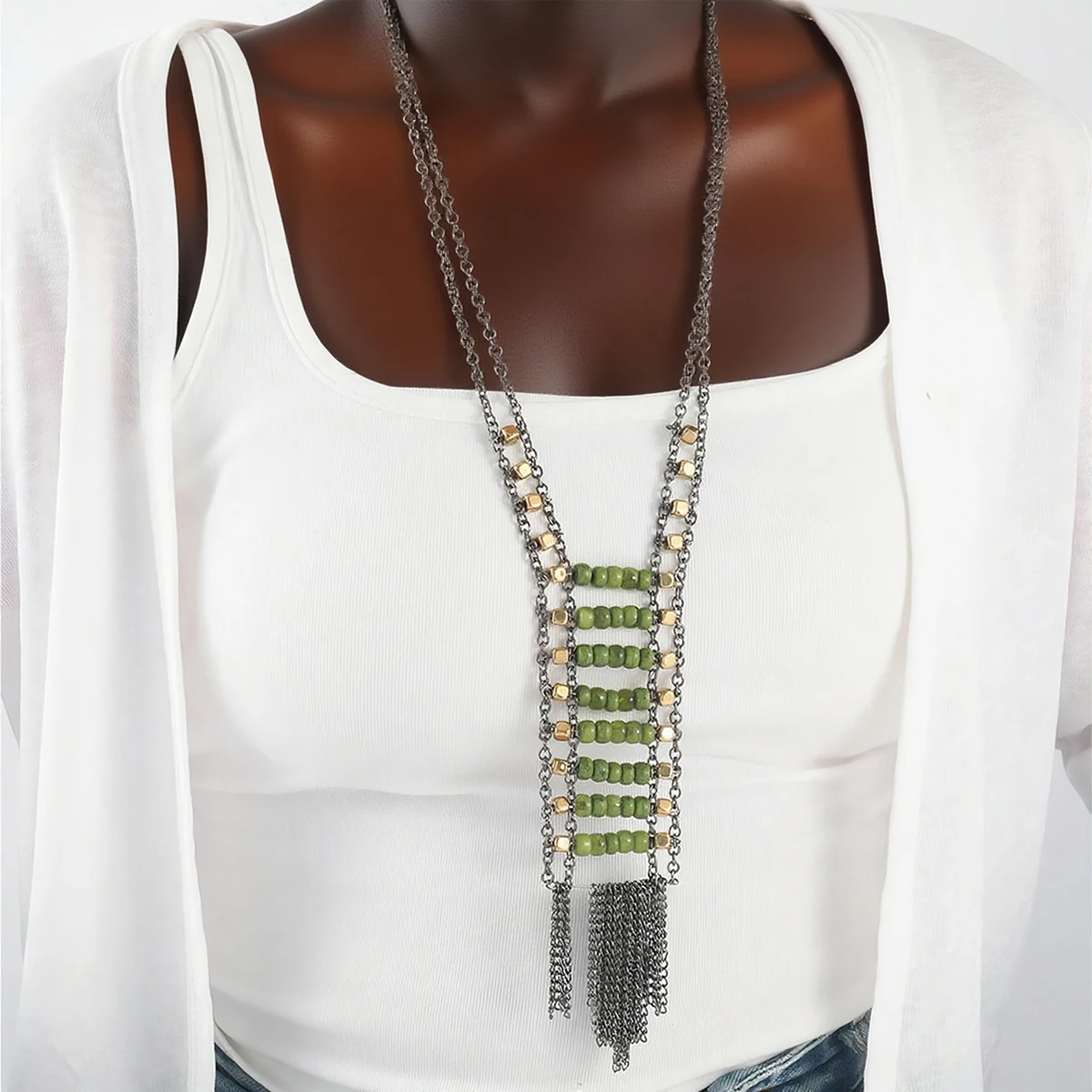 

ZAA Hand-woven Metal Chains Beaded Long Tassels Necklaces for Women Boho Jewelry Holiday Party Neck Accessories