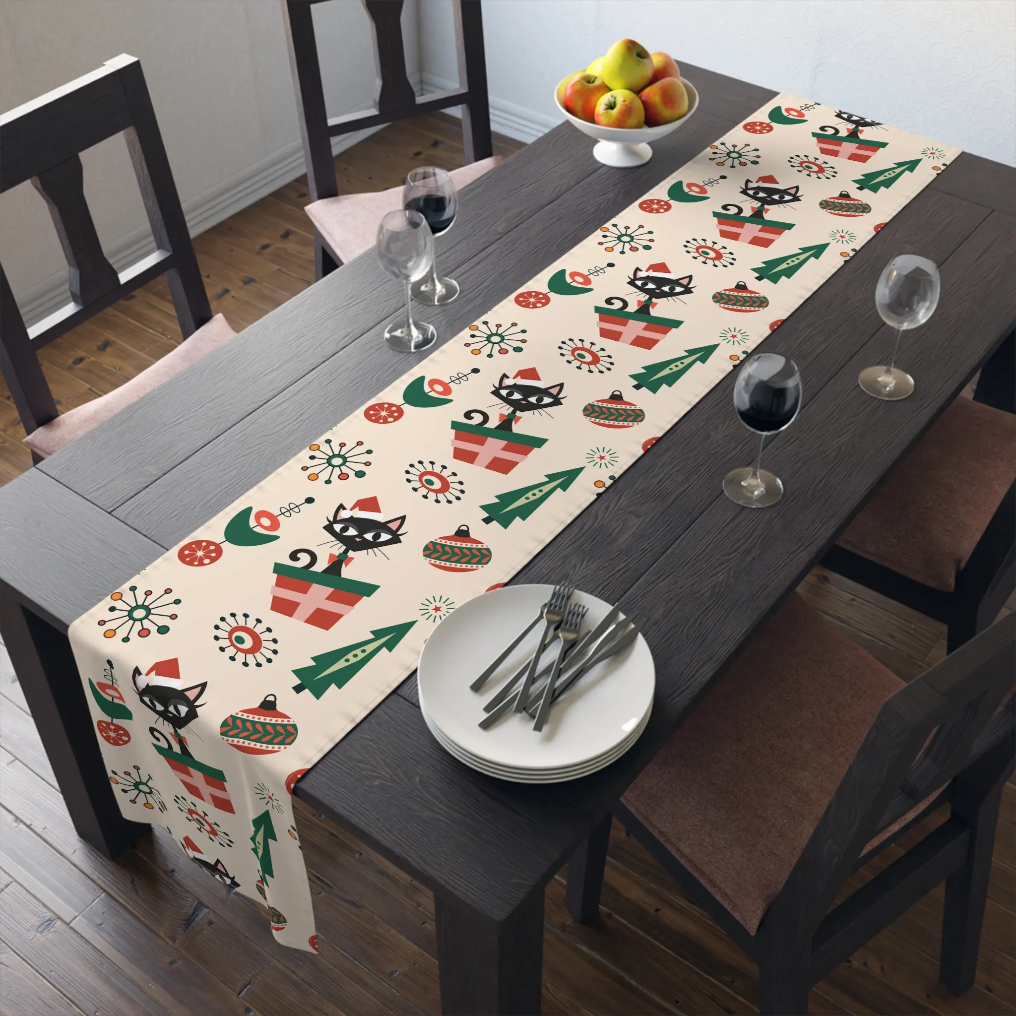 JIT 50s Mid Century Modern Atomic Kitschy Cat Christmas Table Runner - Retro Star/Ball Pattern, Vintage-Inspired Holiday Decor
