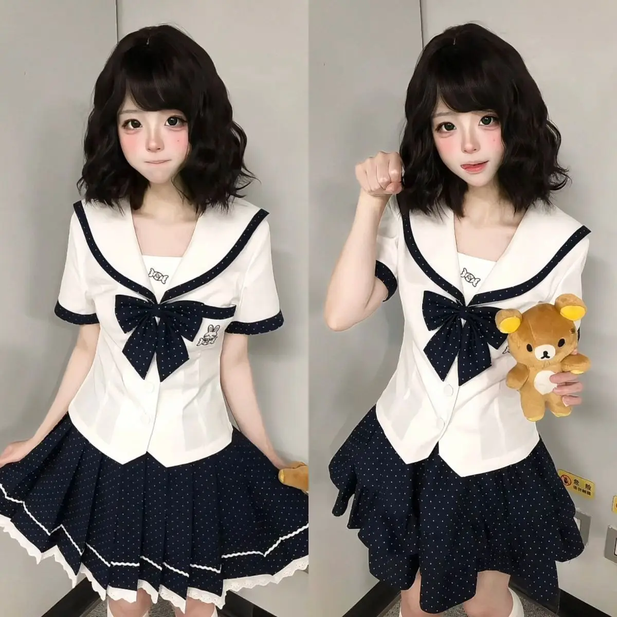 authentic-cute-bunny-pattern-polka-dot-sailor-suit-set-short-sleeved-waist-cinching-jk-uniform-pleated-tutu-skirt-school-style