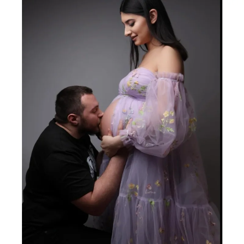 Mother and Daughter Dress - High Slit Gown Embroidery - Puffy Sleeve Baby Shower Maternity Dresses Photoshoot Vestido Maternidad