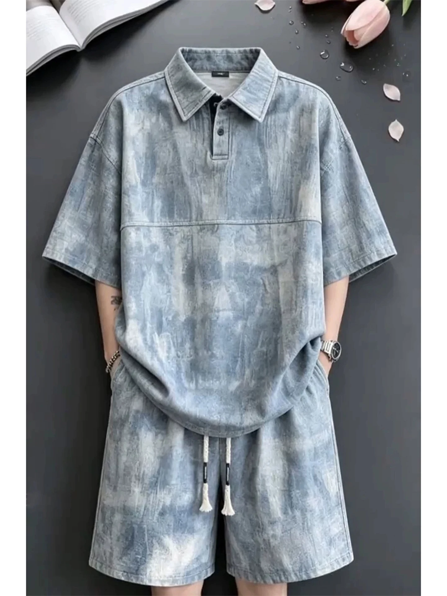 

American Style Ice Silk Dyed Sports Set Short Sleeve Shirt Casual Shorts Two Piece Set for Men Summer Breathable Lightwe...