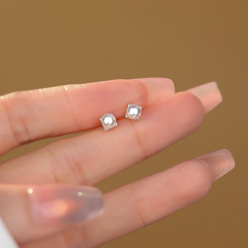 Women's 925 Sterling Silver Mini Pearl Stud Earrings, Cute Design
