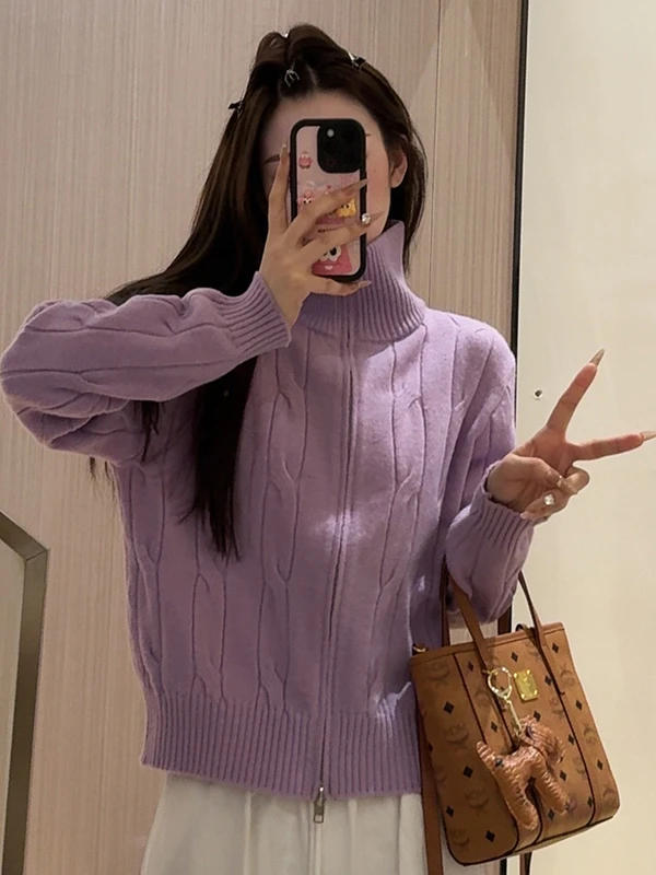 

Purple High Collar Zipper Knitted Sweater Coat Women's Autumn Winter New Lazy Sle High End Feeling Open Cardigan Top