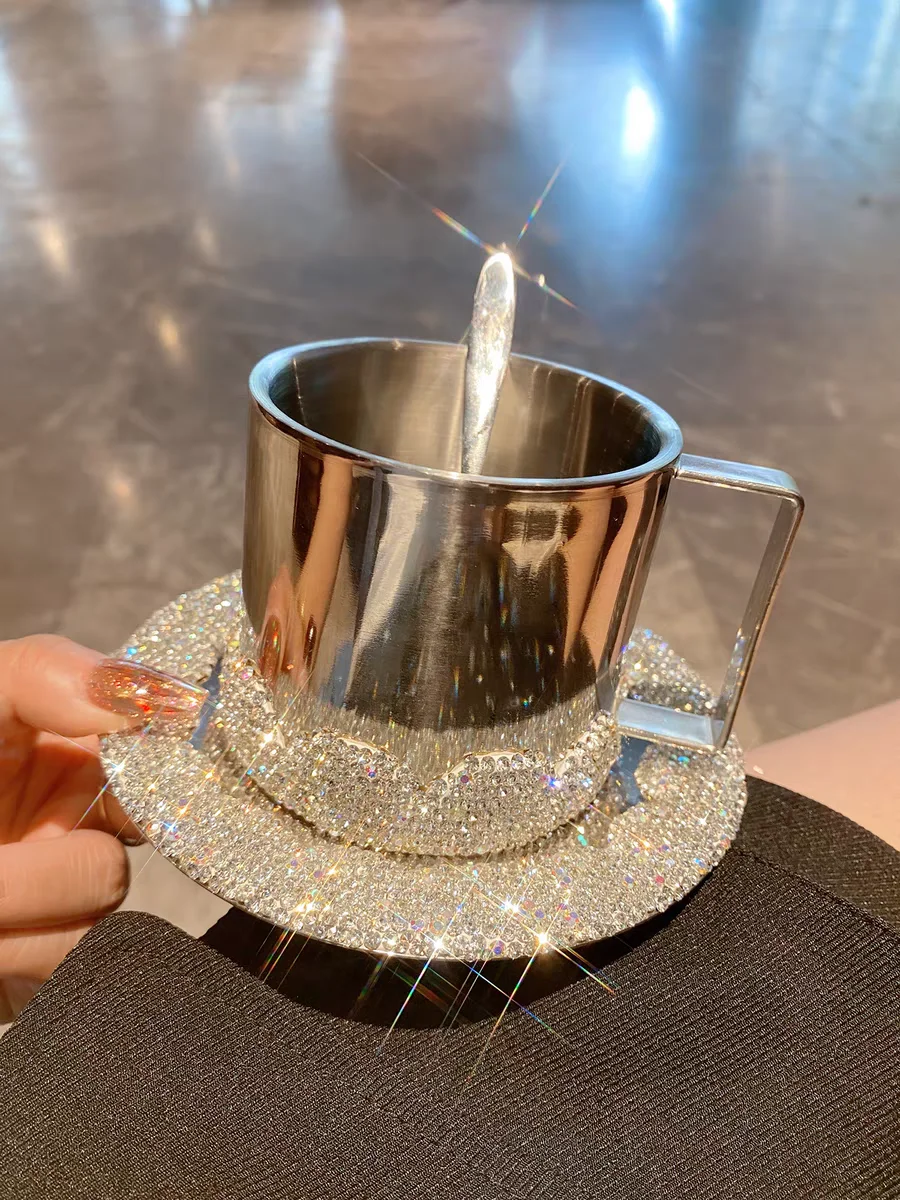 High profile Level Coffee Cup and saucer set Artificial diamond-encrusted stainless steel insulated latte iced Americano cup