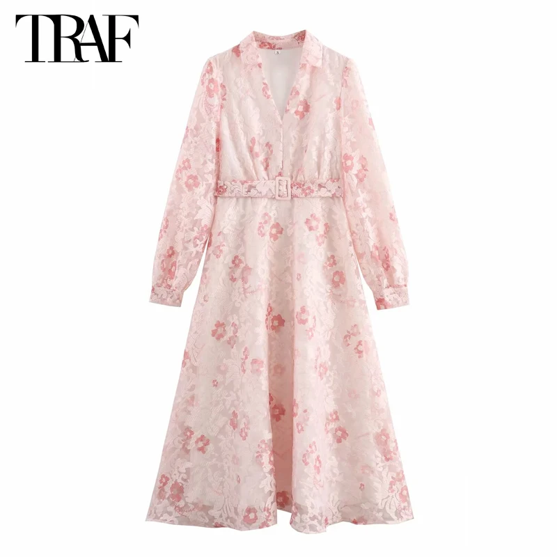 

TRAF Pink Floral Long Dress Woman Jacquard Fairy Midi Dress Women Belt Fairy Summer Dresses for Women Long Sleeve Female Dress