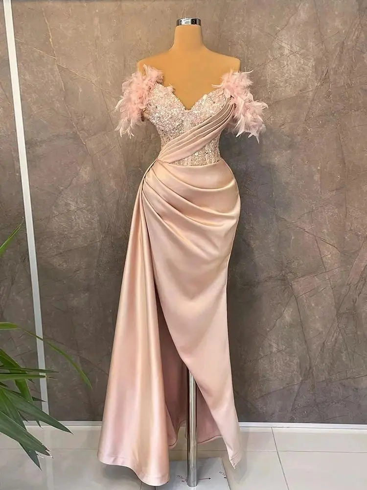 Exquisite Evening Dresses Trumpet Sexy Side Slit Ball Gowns Glisten Beading Woman's Formal Bride Beach Party Vestidos De Fiesta