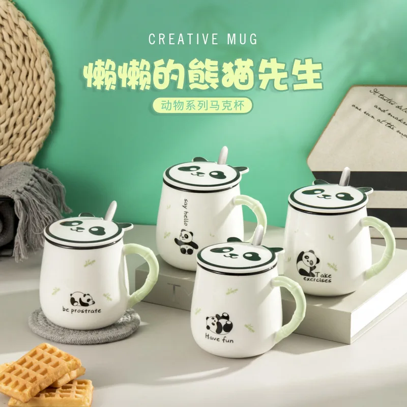 hot selling cute animal panda design ceramic mug with lid and spoon