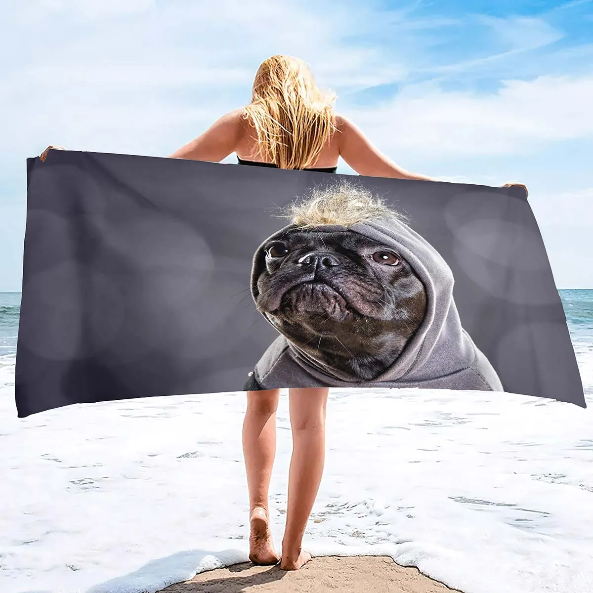 Microfiber Sand Free Beach Towel Thin Quick Fast Dry Super Absorbent Oversized Large Lightweight Towels for Beach Pool Pug Dog