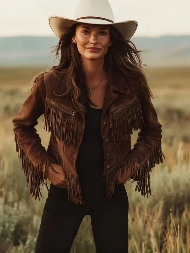 Women's Spring, Autumn and Winter Retro Western-Style Fringe Thin Short Jacket, American Wild Style, Suitable for Music Festivals, Retro Parties and Unique Street Photography Settings