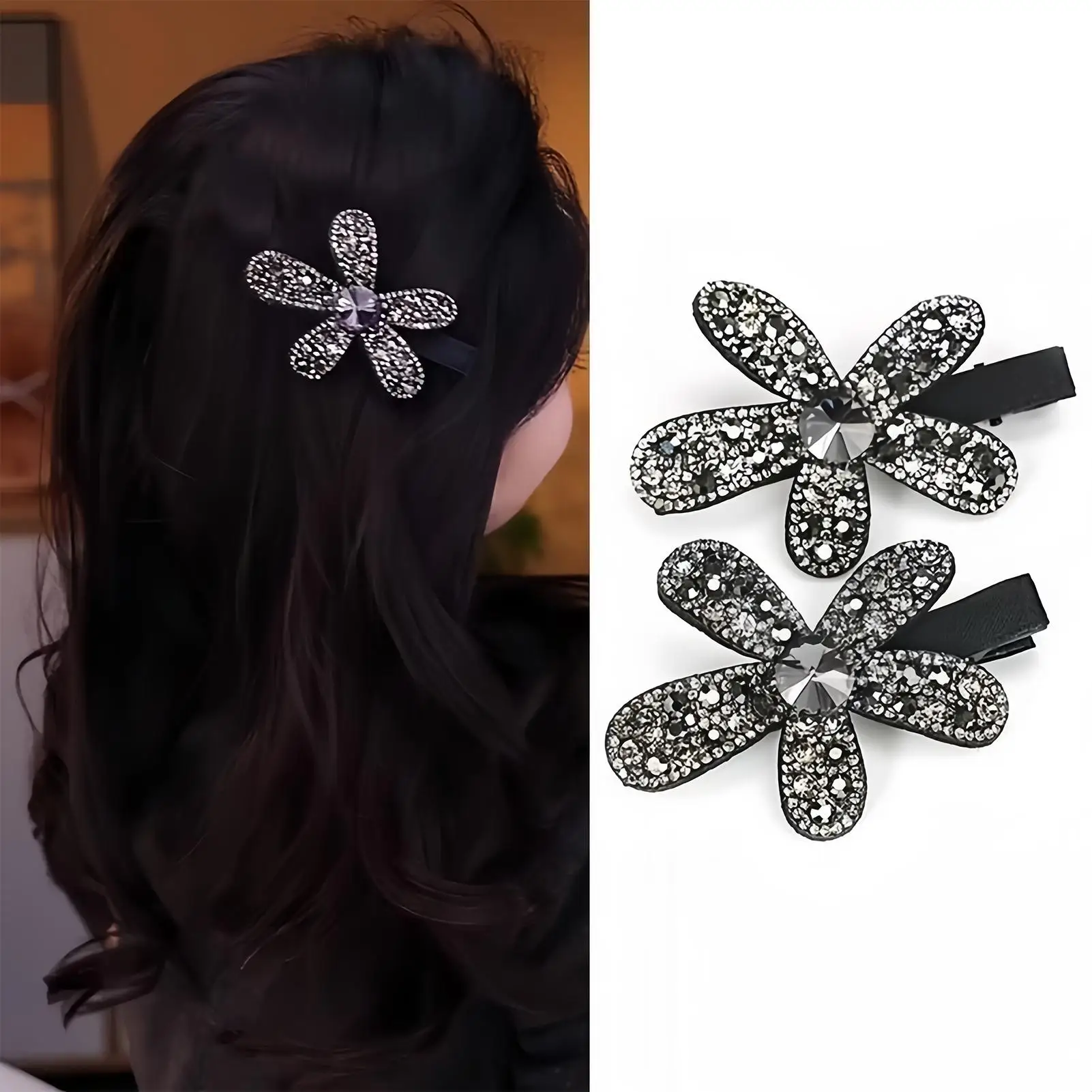 Blumen-Haarspange mit Glitzersteinen, Vintage Metall-Haarklammer mit Kristallen, Funkelnde Entenschnabel-Haarspange