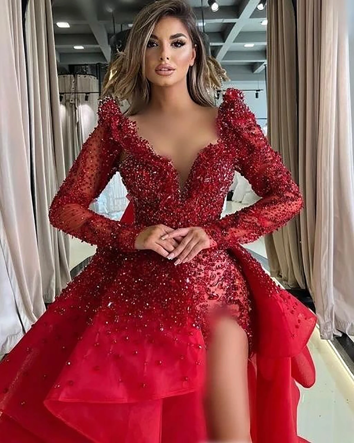 Charming Red Mermaid Wedding Dress Sequins Beading Bridal Gowns With Detachable Train Custom Made Vestidos De Novia Sirena