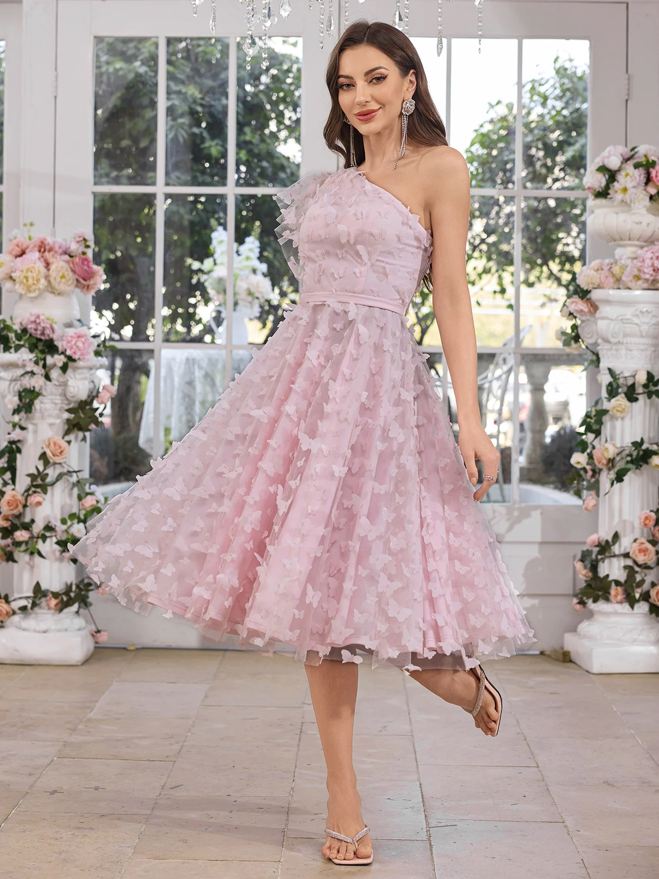 Sukienka druhna dla dziewczynek UNITHORSE z nieregularnymi rękawami, podkreślona w talii, z ozdobnym motylem, siateczkowa suknia wieczorowa na przyjęcie.