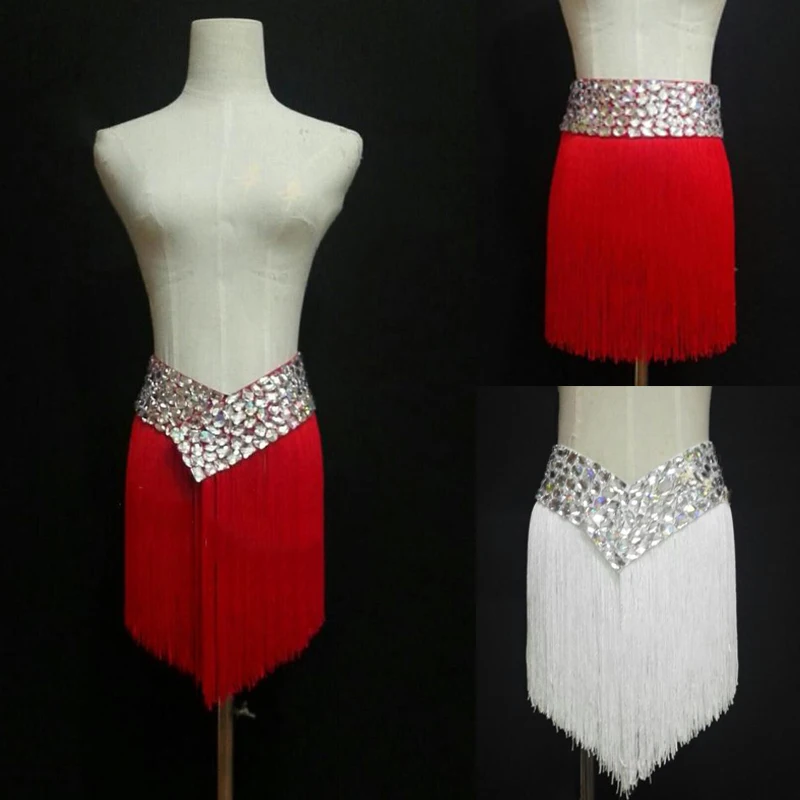 

Hand-Stitched Diamond-Studded Fringed Skirt Red White Latin Skirts Nightclub Bar Taeels Outfit Women Stage Dance Costume XS4519