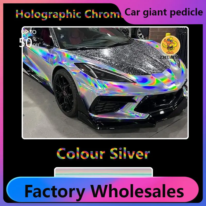 

1.52X18M Stretchable Silver Holographic Chrome vinyl Wrap Self-Adhesive Film Decal Air-Release Bubble Free DIY Car Wrapping Roll