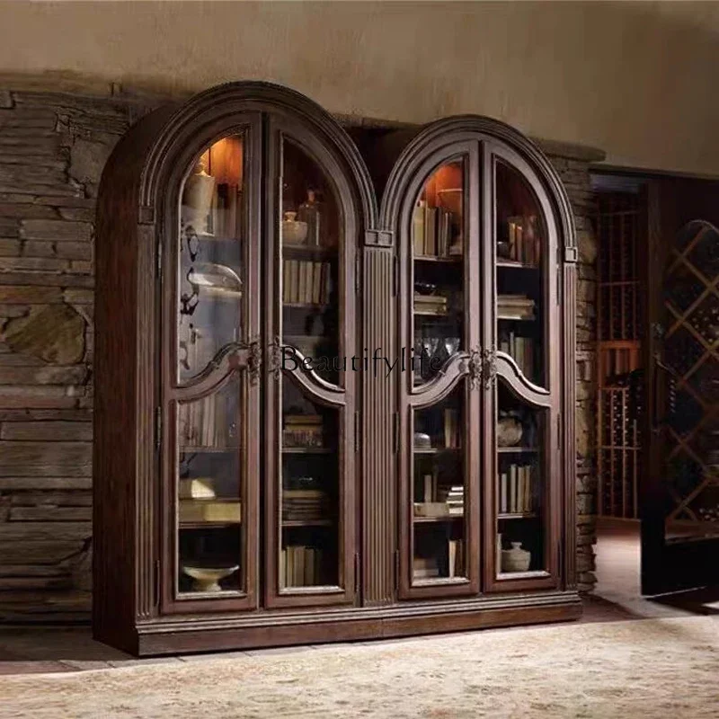 

02American solid wood living room display cabinet French retro old display antique cabinet