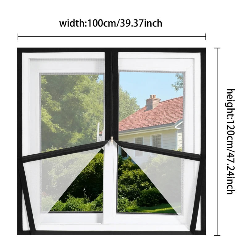 White Mesh Window Screen with Black Border Zipper, Easy Stick-On Install, Breathable Bug Net, Removable Reusable for Home