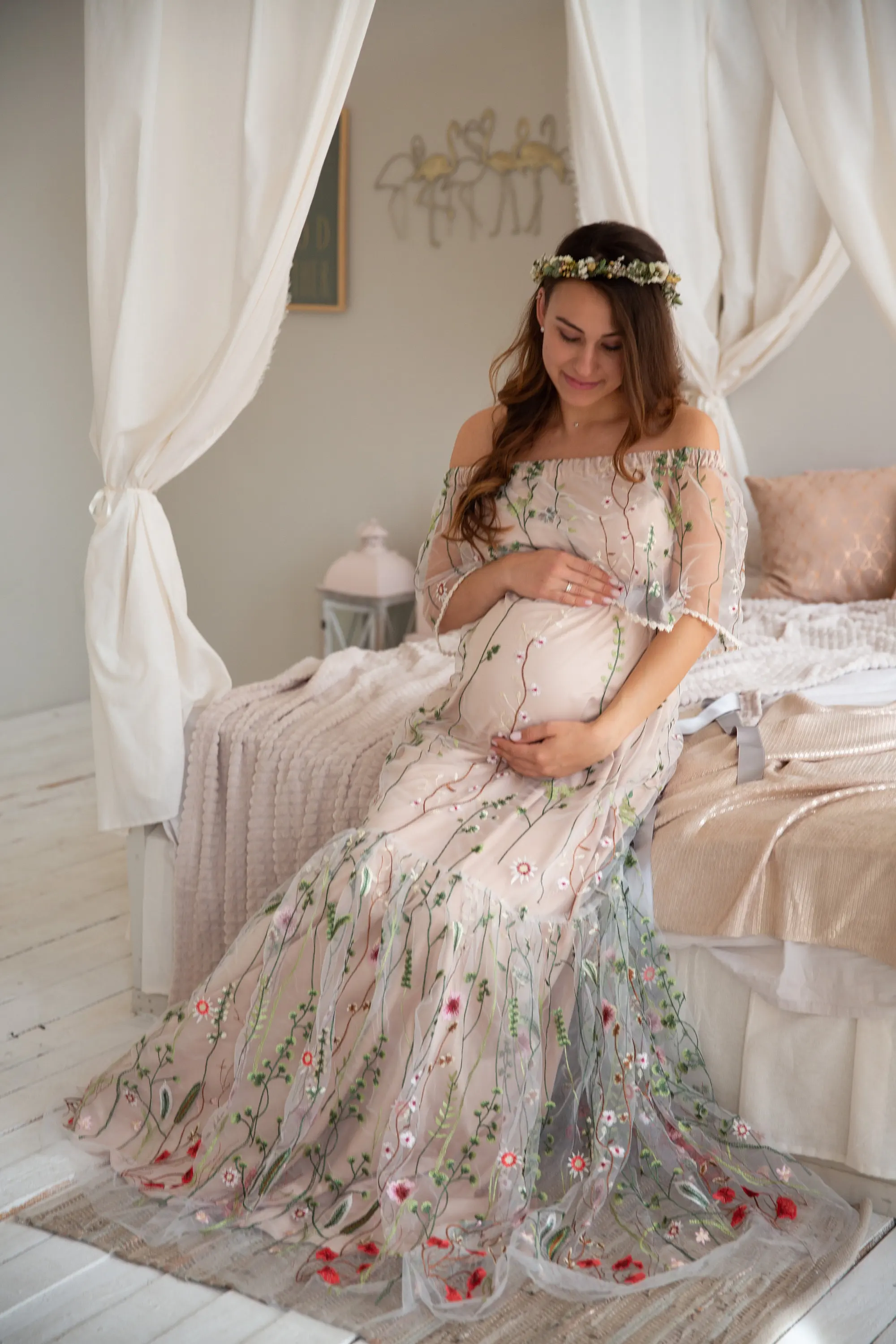 

Embroidered Floral Bride Maternity Dress for Photoshoot Wedding Guest Baby Shower Pregnancy Dress Robes for Women#18483