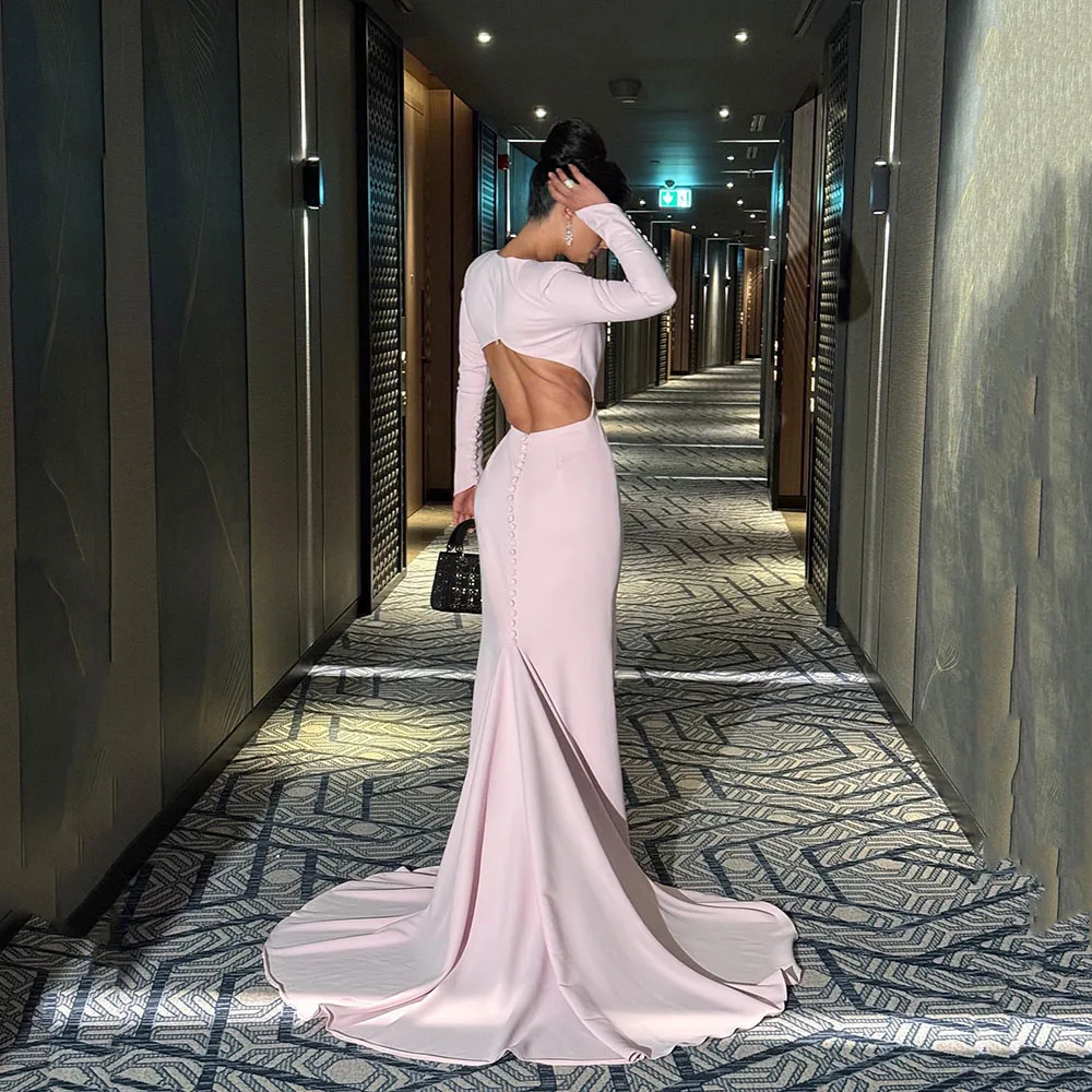 

Msikoods Pink Long Sleeve Prom Dresses 2025 Sexy Backless V Neck Buttons Elegant Party Dress Mermaid Evening Dresses Customized