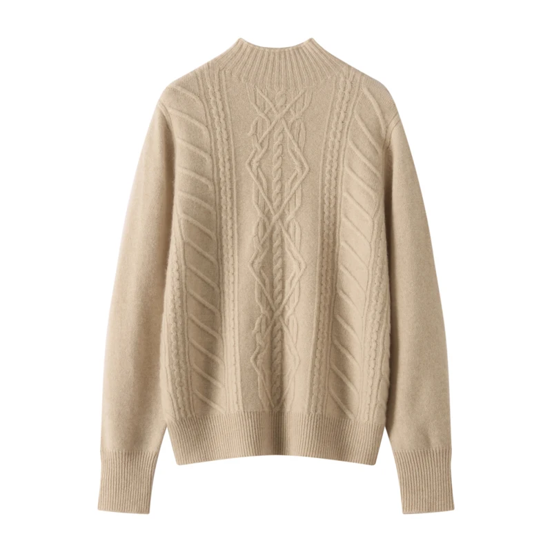 

Women's 100% Cashmere Sweater Autumn/Winter Casual Geometric Knitted Hoodie Top Half High Neck Warm Loose Thick Blouse Jumper