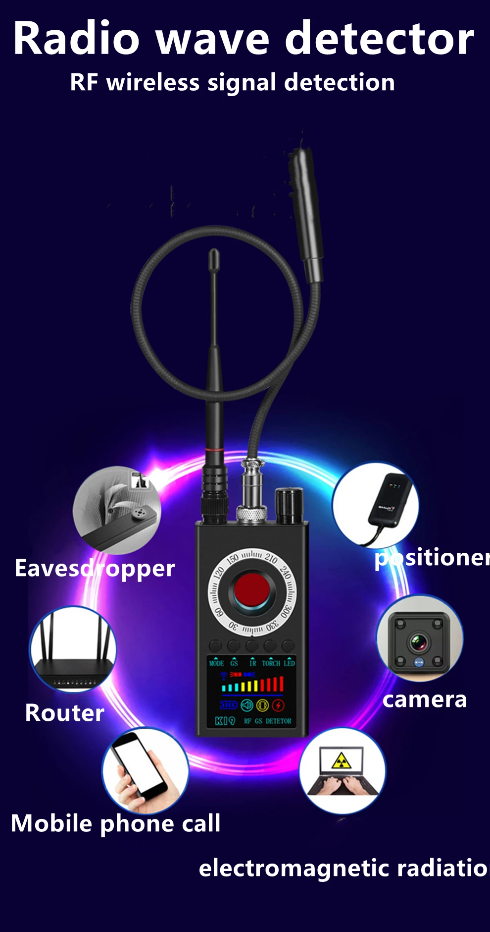 Detector antiespía multifunción K19, buscador de insectos de Audio GSM, rastreador RF de señal GPS, detección de dispositivo de lente inalámbrico, cámara buscador