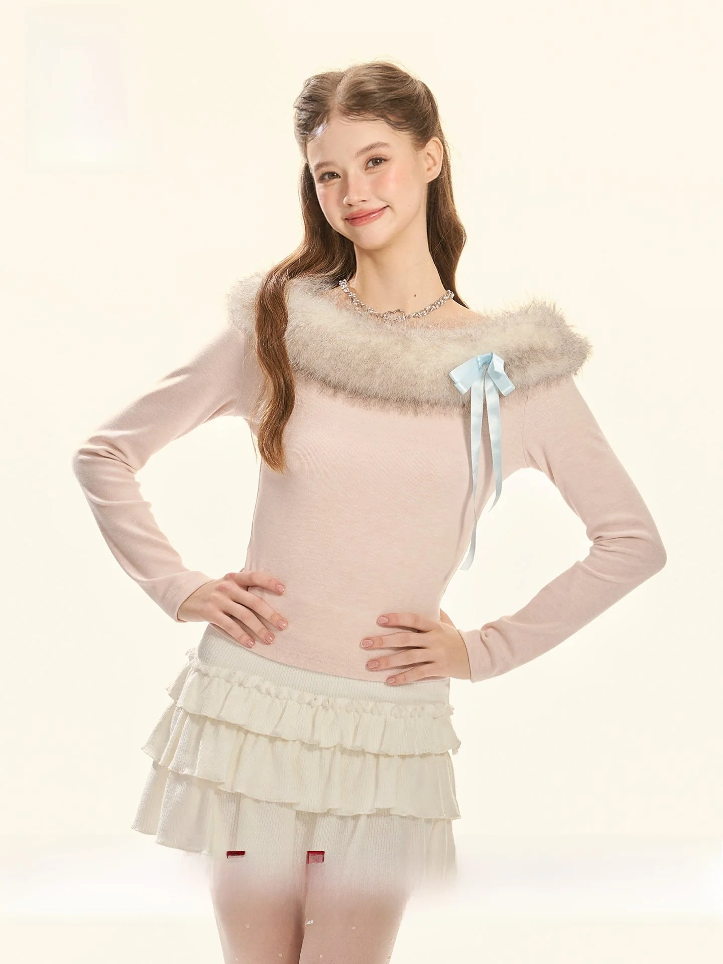 

GirlyFancyClub Vintage Sweetheart Series Pink One-oulder Slim Fit Velvet Knitted Fur Collar Top Women's Faion