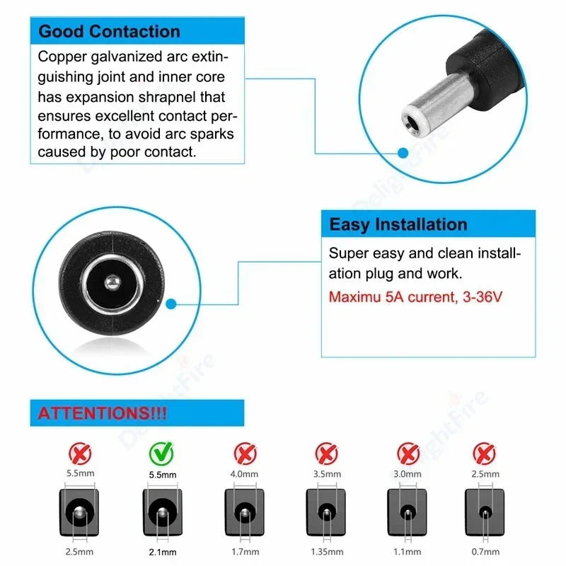 DC Power Plug Connector Adapter, Jack Panel Mount, Terminal Converter for Laptop, 5.5x2.1mm, Feminino para 5.5x2.5mm