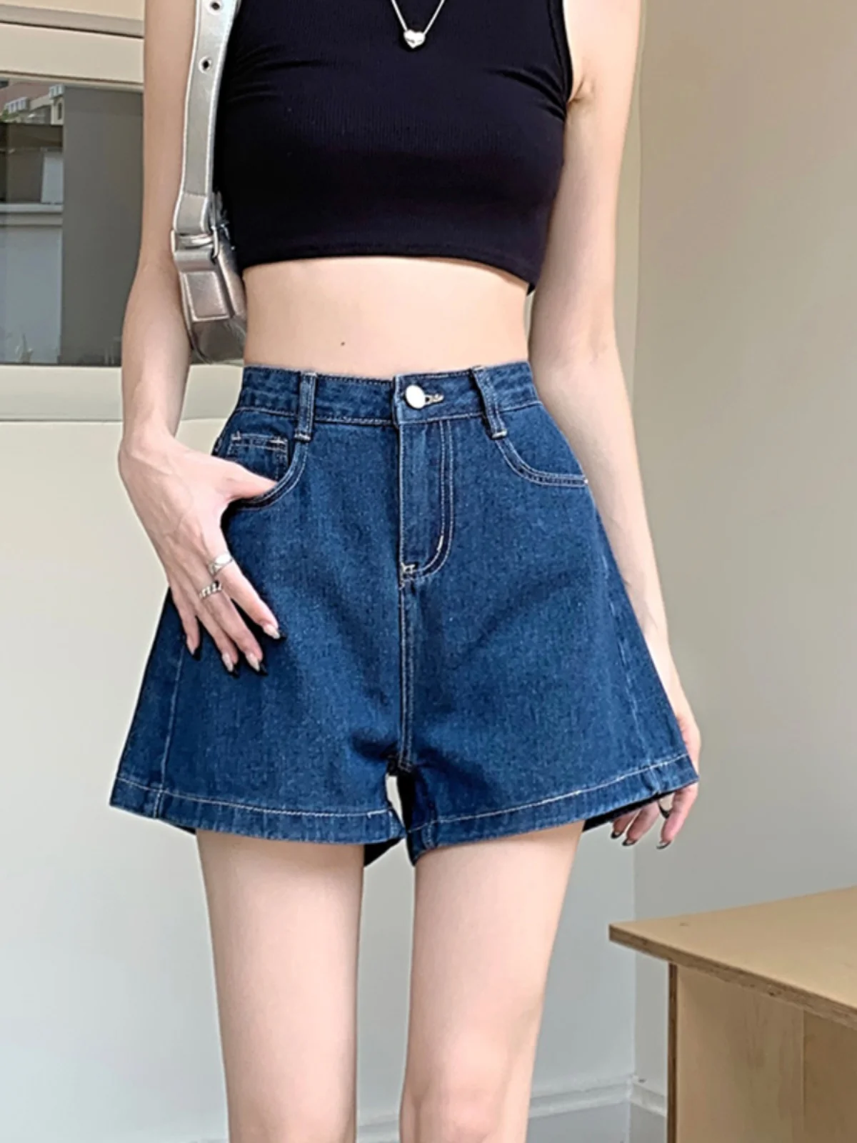 

Sweet And Spicy High Waist Denim Shorts Women's Summer New Cute Age-Defying Loose Slimming A-Line Wide Leg Pants