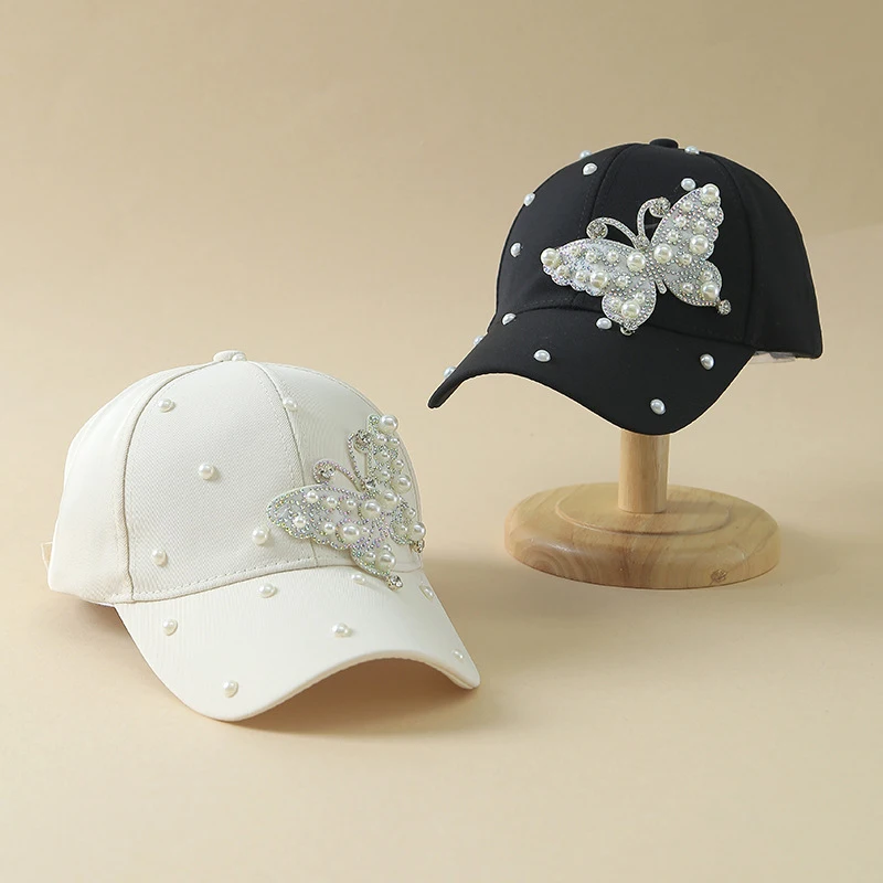 Butterfly Pearl Duck Tongue Cap Summer Rhinestone Baseball Hat Outdoor Sun Protection Sunscreen Cross-border Wholesale Fashion C