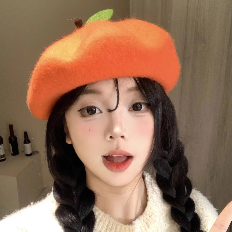 Ins New Funny Cute Orange Woolen Berets Cap for Woman Autumn and Winter Casual Versatile Show Face Small Sweet Painter Hats view 4