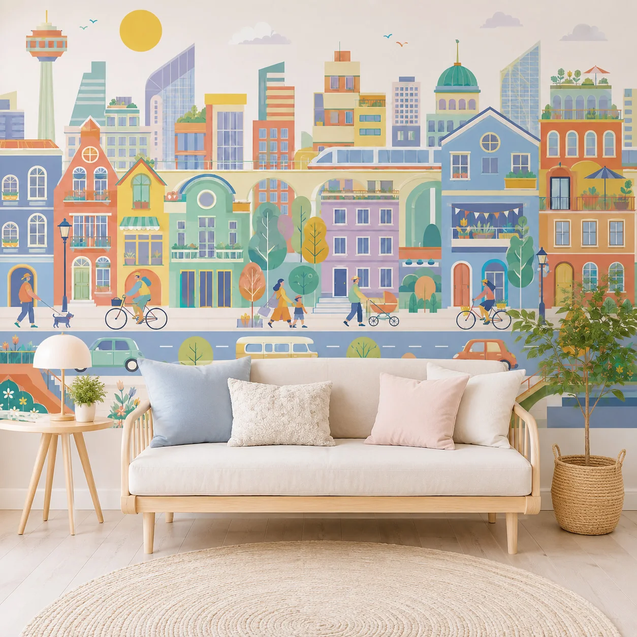 Colorful City Peel and Stick Wallpaper Cute Urban Houses Wall Mural Self Adhesive Kids Room Bedroom Living Room Decor